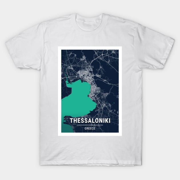 Thessaloniki Blue Dark Color City Map T-Shirt by tienstencil